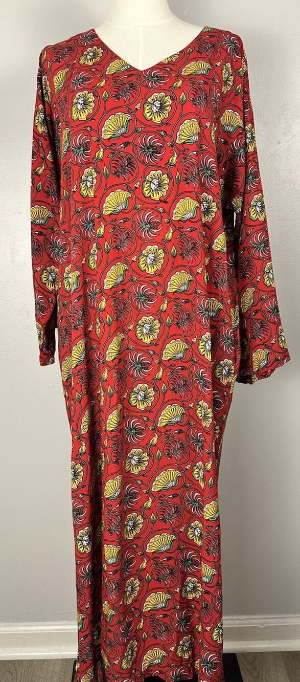 J. Peterman Grand Tour Floral Caftan Maxi Dress Red Boho Botanical Vintage L